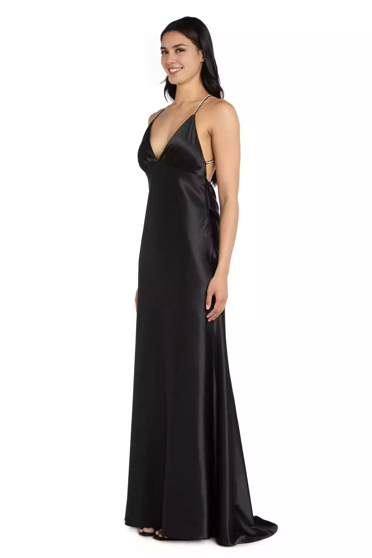 Exquisite black satin long style low hanging back V-neck exquisite and elegant Prom Dresses